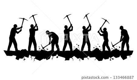 Black Solid Worker Using Pickaxe Silhouettes Set of Six on White Background 133466887
