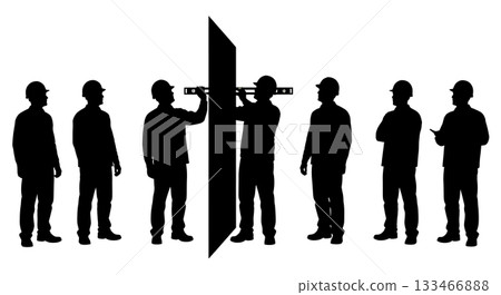 Black Solid Worker Using Spirit Level Silhouettes Set of Six on White Background 133466888