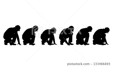 Black Solid Squatting Worker Silhouettes Set of Six on White Background Black Solid Squatting Worker Silhouettes Set of Six on White Background 133466893