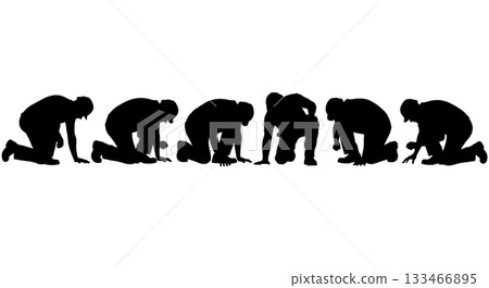 Black Solid Squatting Worker Silhouettes Set of Six on White Background 133466895
