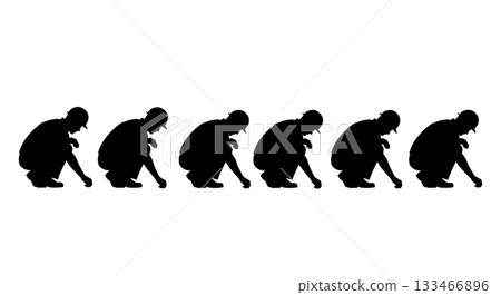 Black Solid Squatting Worker Silhouettes Set of Six on White Background Black Solid Squatting Worker Silhouettes Set of Six on White Background 133466896