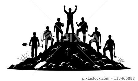 Black Solid Worker on Rubble Silhouettes Set of Six on White Background 133466898