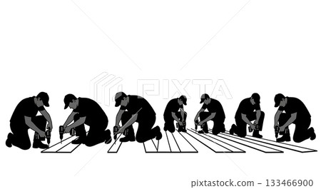 Black Solid Worker Screwing Floor Silhouettes Set of Six on White Background Black Solid Worker Screwing Floor Silhouettes Set of Six on White Background 133466900