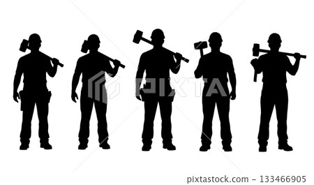 Black Solid Worker Sledgehammer Shoulder Silhouettes Set of Six on White Background Black Solid Worker Sledgehammer Shoulder Silhouettes Set of Six on White Background 133466905