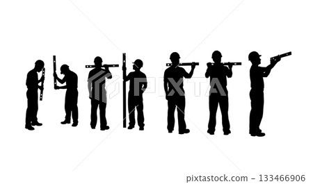 Black Solid Worker Using Spirit Level Silhouettes Set of Six on White Background Black Solid Worker Using Spirit Level Silhouettes Set of Six on White Background 133466906