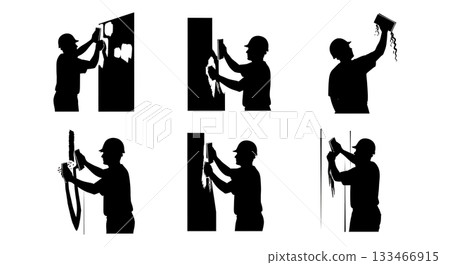 Black Solid Worker Sanding Wall Silhouettes Set of Six on White Background Black Solid Worker Sanding Wall Silhouettes Set of Six on White Background 133466915