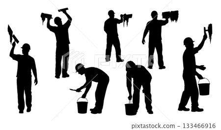 Black Solid Worker Scraping Paint Silhouettes Set of Six on White Background 133466916