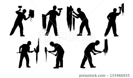 Black Solid Worker Scraping Paint Silhouettes Set of Six on White Background 133466935