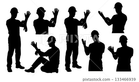 Black Solid Worker Putting on Gloves Silhouettes Set of Six on White Background Black Solid Worker Putting on Gloves Silhouettes Set of Six on White Background 133466939