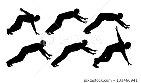 Black Solid Worker Reaching Silhouettes Set of Six on White Background Black Solid Worker Reaching Silhouettes Set of Six on White Background 133466941