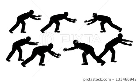 Black Solid Worker Reaching Silhouettes Set of Six on White Background 133466942