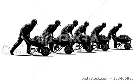 Black Solid Worker Pushing Wheelbarrow Silhouettes Set of Six on White Background Black Solid Worker Pushing Wheelbarrow Silhouettes Set of Six on White Background 133466953