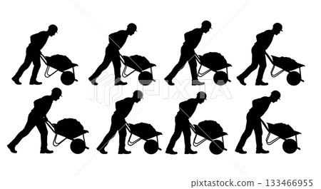 Black Solid Worker Pushing Wheelbarrow Silhouettes Set of Six on White Background 133466955