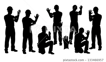 Black Solid Worker Putting on Gloves Silhouettes Set of Six on White Background Black Solid Worker Putting on Gloves Silhouettes Set of Six on White Background 133466957