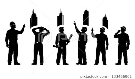 Black Solid Worker Pointing Up Silhouettes Set of Six on White Background Black Solid Worker Pointing Up Silhouettes Set of Six on White Background 133466961