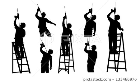 Black Solid Overhead Drilling Worker Silhouettes Set of Six on White Background Black Solid Overhead Drilling Worker Silhouettes Set of Six on White Background 133466970
