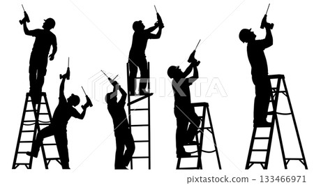 Black Solid Overhead Drilling Worker Silhouettes Set of Six on White Background Black Solid Overhead Drilling Worker Silhouettes Set of Six on White Background 133466971