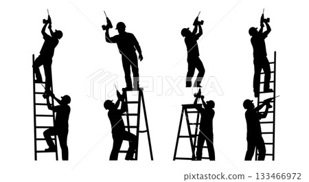 Black Solid Overhead Drilling Worker Silhouettes Set of Six on White Background Black Solid Overhead Drilling Worker Silhouettes Set of Six on White Background 133466972
