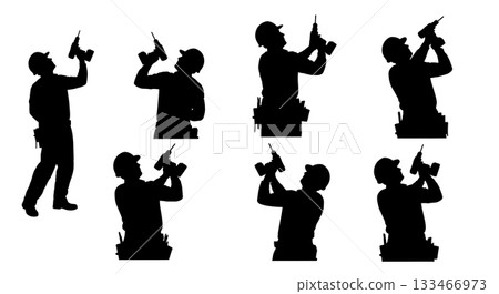 Black Solid Overhead Drilling Worker Silhouettes Set of Six on White Background 133466973