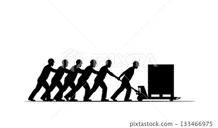 Black Solid Worker Pallet Truck Silhouettes Set of Six on White Background 133466975