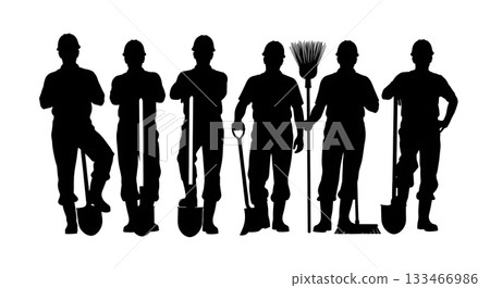 Black Solid Worker Leaning on Shovel Silhouettes Set of Six on White Background Black Solid Worker Leaning on Shovel Silhouettes Set of Six on White Background 133466986