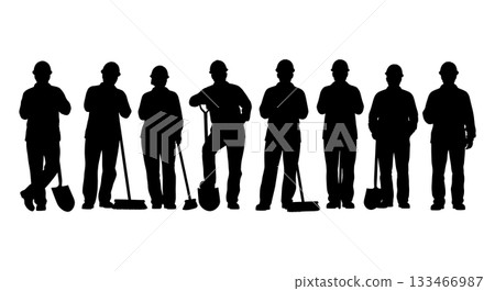 Black Solid Worker Leaning on Shovel Silhouettes Set of Six on White Background Black Solid Worker Leaning on Shovel Silhouettes Set of Six on White Background 133466987