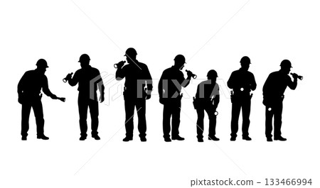 Black Solid Worker with Flashlight Silhouettes Set of Six on White Background Black Solid Worker with Flashlight Silhouettes Set of Six on White Background 133466994