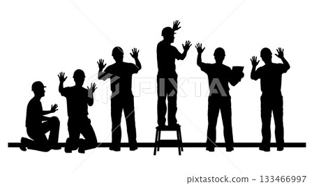 Black Solid Worker Inspecting Wall Silhouettes Set of Six on White Background Black Solid Worker Inspecting Wall Silhouettes Set of Six on White Background 133466997