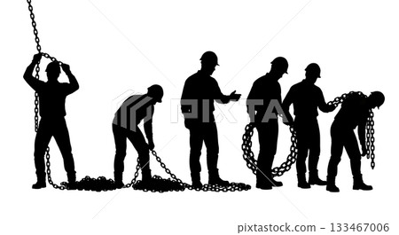 Black Solid Worker Holding Chain Silhouettes Set of Six on White Background 133467006