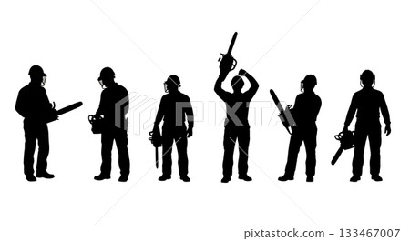 Black Solid Worker Chainsaw Silhouettes Set of Six on White Background 133467007
