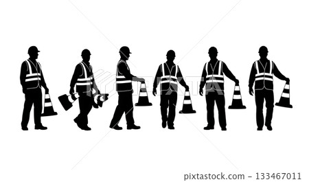Black Solid Worker with Traffic Cone Silhouettes Set of Six on White Background 133467011