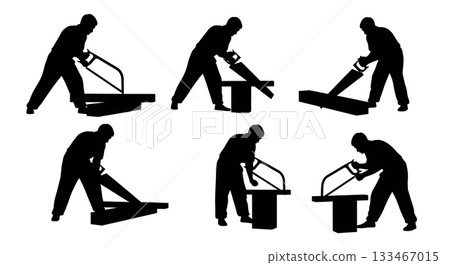 Black Solid Worker Using Hand Saw Silhouettes Set of Six on White Background 133467015