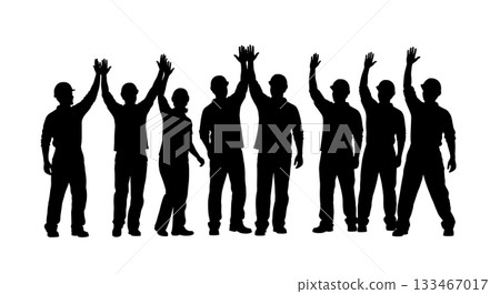 Black Solid Worker High Five Silhouettes Set of Six on White Background 133467017