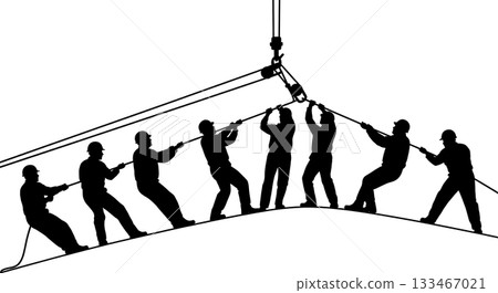 Black Solid Worker Using Pulley Silhouettes Set of Six on White Background 133467021