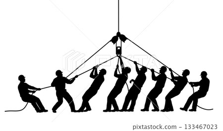 Black Solid Worker Using Pulley Silhouettes Set of Six on White Background 133467023
