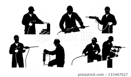 Black Solid Worker Grease Gun Silhouettes Set of Six on White Background 133467027