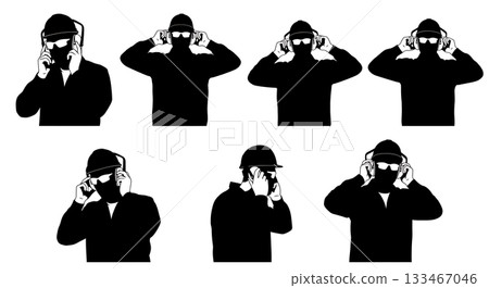 Black Solid Worker Ear Defenders Silhouettes Set of Six on White Background Black Solid Worker Ear Defenders Silhouettes Set of Six on White Background 133467046