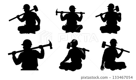 Black Solid Worker Climbing Scaffold Silhouettes Set of Six on White Background 133467054