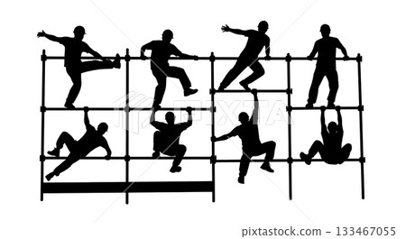 Black Solid Worker Climbing Scaffold Silhouettes Set of Six on White Background Black Solid Worker Climbing Scaffold Silhouettes Set of Six on White Background 133467055