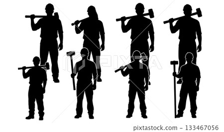 Black Solid Worker Climbing Scaffold Silhouettes Set of Six on White Background 133467056