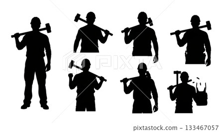 Black Solid Worker Climbing Scaffold Silhouettes Set of Six on White Background Black Solid Worker Climbing Scaffold Silhouettes Set of Six on White Background 133467057