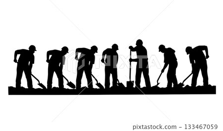 Black Solid Worker Digging Trench Silhouettes Set of Six on White Background Black Solid Worker Digging Trench Silhouettes Set of Six on White Background 133467059