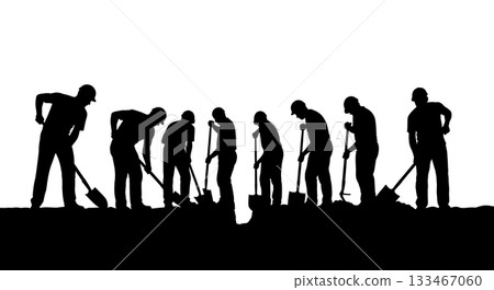 Black Solid Worker Digging Trench Silhouettes Set of Six on White Background Black Solid Worker Digging Trench Silhouettes Set of Six on White Background 133467060