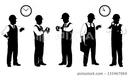 Black Solid Worker Checking Watch Silhouettes Set of Six on White Background Black Solid Worker Checking Watch Silhouettes Set of Six on White Background 133467069