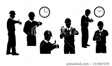 Black Solid Worker Checking Watch Silhouettes Set of Six on White Background Black Solid Worker Checking Watch Silhouettes Set of Six on White Background 133467070