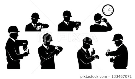Black Solid Worker Checking Watch Silhouettes Set of Six on White Background Black Solid Worker Checking Watch Silhouettes Set of Six on White Background 133467071