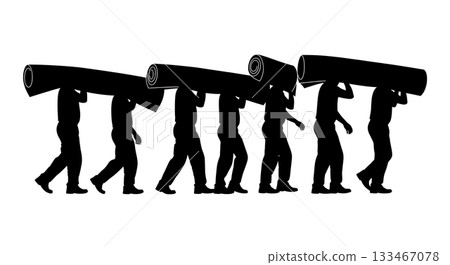 Black Solid Worker Carrying Roll Silhouettes Set of Six on White Background 133467078