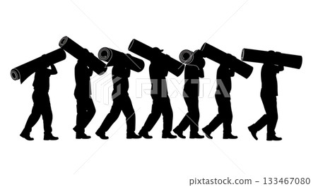 Black Solid Worker Carrying Roll Silhouettes Set of Six on White Background Black Solid Worker Carrying Roll Silhouettes Set of Six on White Background 133467080