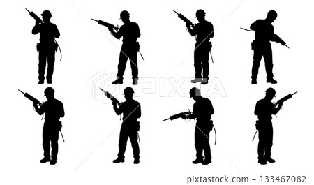 Black Solid Worker Using Caulking Gun Silhouettes Set of Six on White Background Black Solid Worker Using Caulking Gun Silhouettes Set of Six on White Background 133467082