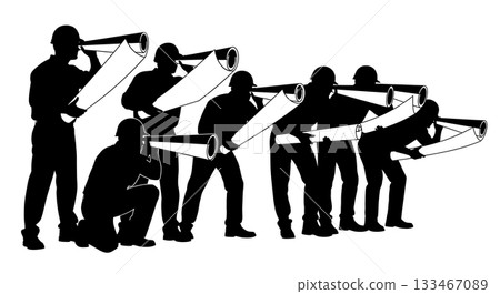Black Solid Worker Blueprint Telescope Silhouettes Set of Six on White Background Black Solid Worker Blueprint Telescope Silhouettes Set of Six on White Background 133467089